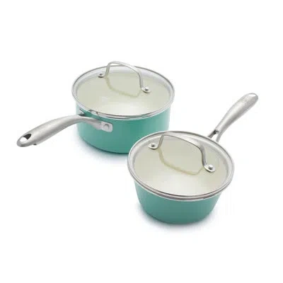Greenlife Artisan Healthy Ceramic Nonstick, 1l And 2l Saucepan Set, Stainless Steel Handle In Turquoise