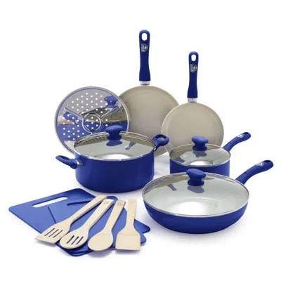 Greenlife Sandstone Healthy Ceramic Nonstick, 15 Piece Kitchen Cookware Pots And Frying Sauce Pans Set, Pfas-  In Blue