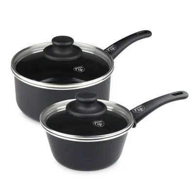 Greenlife Soft Grip Healthy Ceramic Nonstick, 1qt And 2qt Saucepan Pot Set With Lids, Dishwasher Safe In Black
