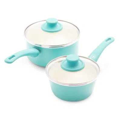 Greenlife Soft Grip Healthy Ceramic Nonstick, 1qt And 2qt Saucepan Pot Set With Lids, Dishwasher Safe In Turquoise