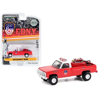 Greenlight 1-64 Scale 1986 Chevrolet M1008 Pickup Truck Red With White Top & Fire Equipment Hose & Tank Fire De