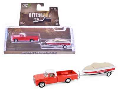 Greenlight 1967 Dodge D-100 Pickup Truck Red With White Top With Boat And Trailer "hitch &