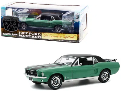 Greenlight 1967 Ford Mustang Coupe Loveland Green Metallic With Black Stripes And Black Top And A Pair Of Skis  In Multi