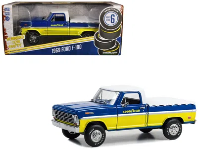 Greenlight 1969 Ford F-100 Pickup Truck Blue And Yellow With White Top And Bed Cover "goodyear Tires" "running