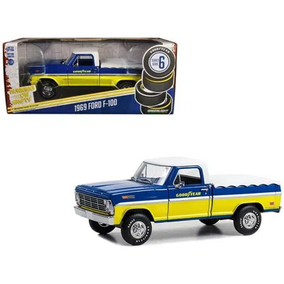 Greenlight 1969 Ford F-100 Pickup Truck Blue & Yellow With White Top & Bed Cover Goodyear Tires Running On Empt
