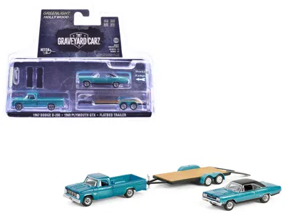 Greenlight 1969 Plymouth Gtx Turquoise Metallic And 1967 Dodge D-200 Pickup Truck Turquoise Metallic With Flatb In White