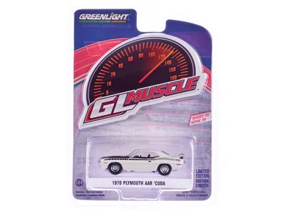 Greenlight 1970 Plymouth Aar Barracuda Alpine White With Stripes " Muscle" Series 29 1/64 Diecast Mod In Gray