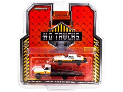 Greenlight 1972 Chevrolet C-30 Ramp Truck With 1976 Chevrolet Chevelle Laguna Black And White With Stripes "arm