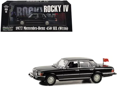 Greenlight 1977 Mercedes-benz 450 Sel (w116) Black With Soviet Flag "rocky Iv" (1985) Movie 1/43 Diecast Model 