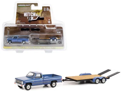 Greenlight 1981 Chevrolet C-20 Trailering Special Pickup Truck Blue With Black Stripes And Flatbed Trailer "hit In Multi
