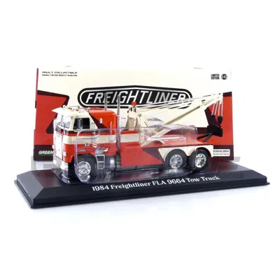 Greenlight 1984 Freightliner Fla 9664 Tow Truck With Brown Graphics 1 By 43 Scale Diecast Model Car Orange & Wh