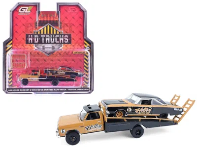 Greenlight 1985 Dodge Ram D350 Ramp Truck And 1965 Dodge Coronet "hotton Speed Shop" Brown And Black "h. D. Tru In Yellow