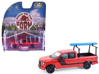 Greenlight 2015 Ford F-150 Pickup Truck With Ladder Rack Red With Black Stripes "down On The Farm" Series 11 1/
