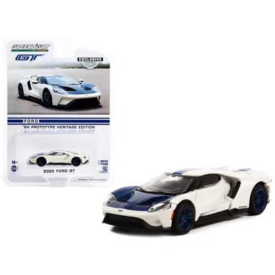 Greenlight 2022 Ford Gt 1964 Prototype Heritage Edition White Metallic With Blue Hood & Stripe Hobby Exclusive