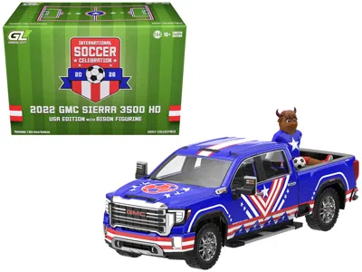 Greenlight 2022 Gmc Sierra 3500 Hd Pickup Truck Blue With American Soccer Graphics With Bison Figure "internati