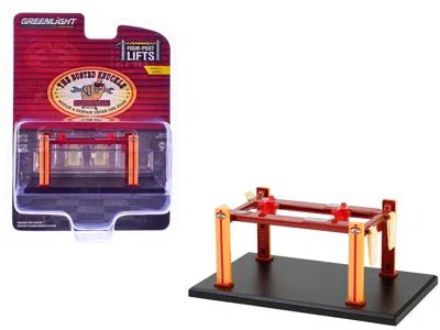 Greenlight Adjustable Four-post Lift "busted Knuckle Garage" Red And Yellow "four-post Lifts" Series 6 1/64 Die In Brown