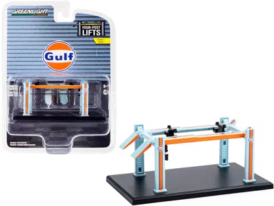Greenlight Adjustable Four-post Lift "gulf Oil" Light Blue And Orange "four-post Lifts" Series 1 1/64 Diecast M