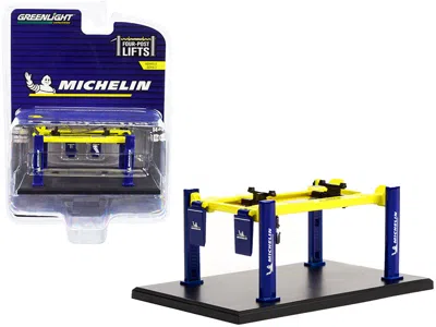 Greenlight Adjustable Four-post Lift "michelin" Blue And Bright Yellow "four-post Lifts" Series 3 1/64 Diecast 