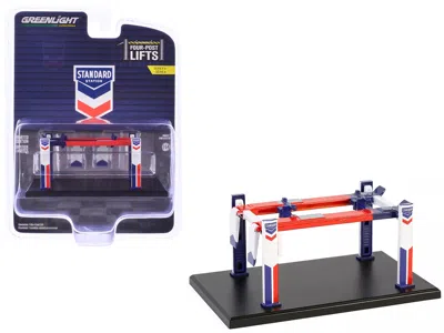 Greenlight Adjustable Four-post Lift "standard Oil" Red White And Blue "four-post Lifts" Series 6 1/64 Diecast  In Multi