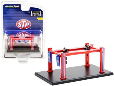 Greenlight Adjustable Four-post Lift "stp" Red And Blue "four-post Lifts" Series 2 1/64 Diecast Model By Greenl