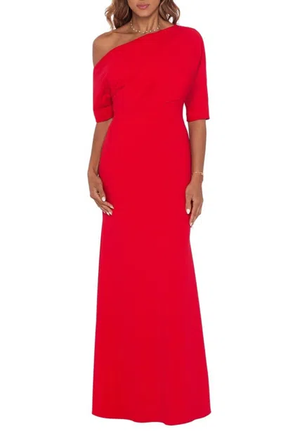 Greenline Gear Betsy & Adam Long Scuba Crepe Over-the-shoulder Gown Red 4