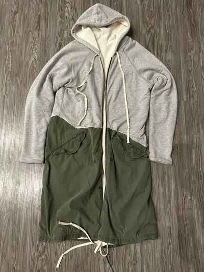 Pre-owned Greg Lauren 1 Of 1 50/50 Heavy Fleece Army Hooded Zip Parka In Grey/army