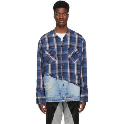 Pre-owned Greg Lauren $1250 T Blue 50/50 Plaid/denim Studio Shirt In Multi