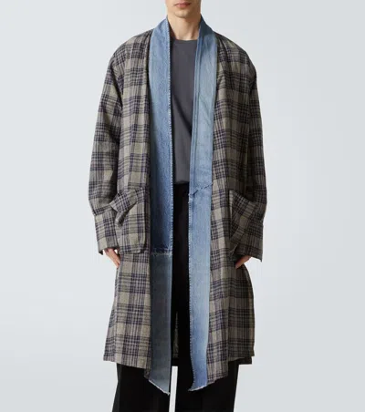 Pre-owned Greg Lauren $1600 T Plaid Denim-trim Long Gl1 Kimono Robe In Multi