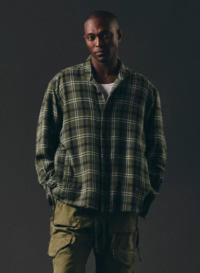 Pre-owned Greg Lauren $875 T Army Plaid Shawl Collar Boxy Jacket In Green