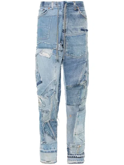 GREG LAUREN BLUE PATCHWORK STRAIGHT-LEG JEANS