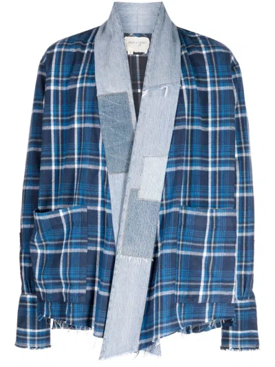 Greg Lauren Check-print Patchwork-detail Jacket In Blue