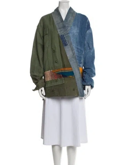 Pre-owned Greg Lauren Colorblock Pattern Denim Jacket In Blue