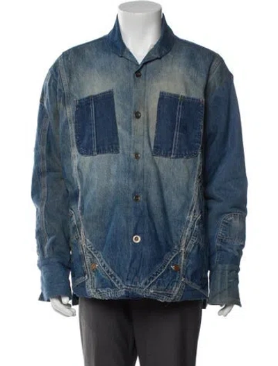 Pre-owned Greg Lauren Colorblock Pattern Denim Jacket In Blue