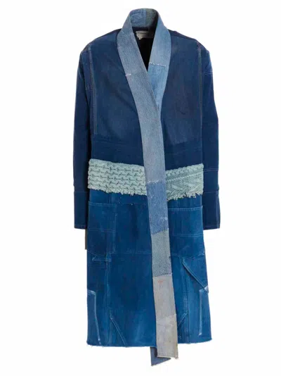 Greg Lauren Blue Denim Mixed Long Coat In Azul