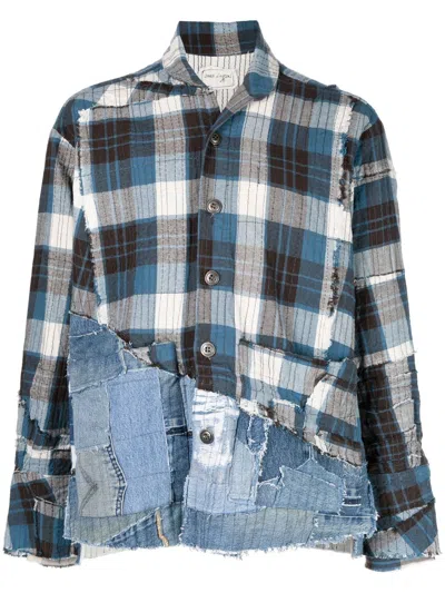 Greg Lauren Denim-panel Patchwork Shirt In Blue