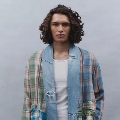 Greg Lauren Gl1 With Pockets Mixed Plaid Shirt In Blue