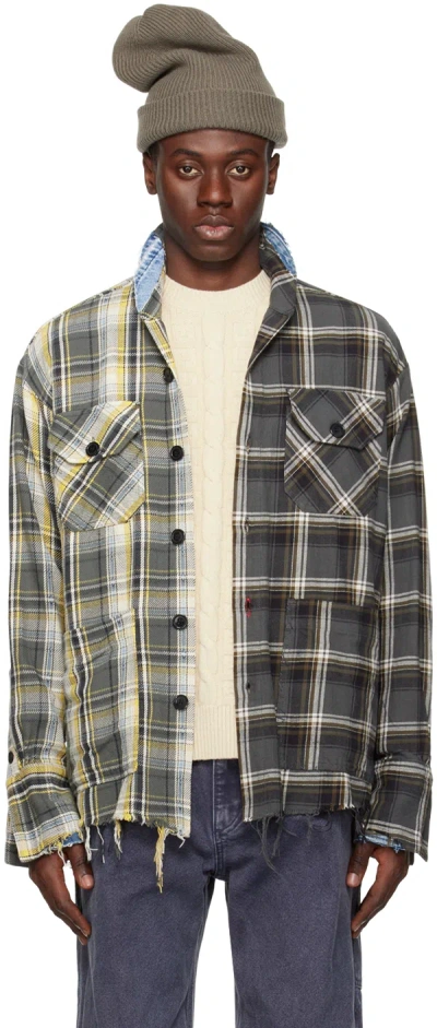 Greg Lauren Gray Boxy Shirt In Mixed Plaid
