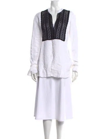 Pre-owned Greg Lauren Linen Lace Pattern Button-up Top In White