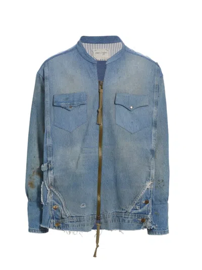 Greg Lauren Men's Denim Western Zip Shirt Jacket In Denim Blue