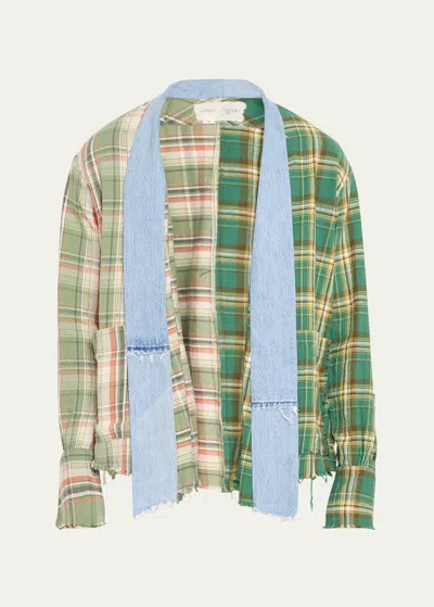 Greg Lauren Men's Mixed Plaid And Denim Cotton Shirt