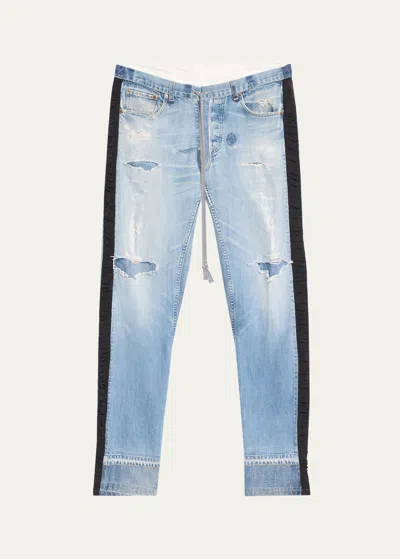 Greg Lauren Men's Rip Repair Straight-leg Lounge Jeans In Medium Blu