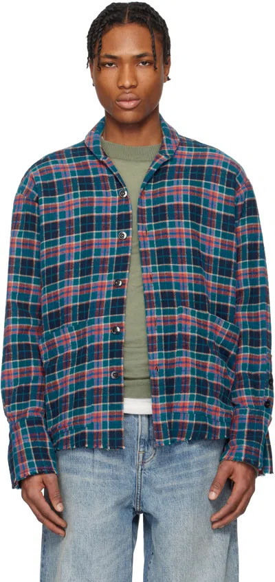 Greg Lauren Multicolor Boxy Plaid Shirt In Navy