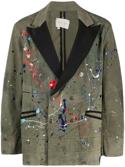 Greg Lauren Tent Nylon-trimmed Paint-splattered Cotton-blend Blazer In Army