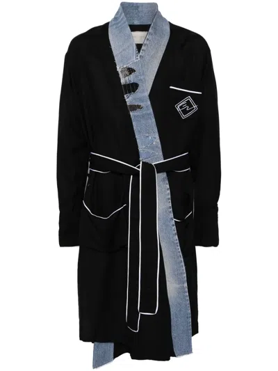 Greg Lauren Panelled Belted Coat In Black