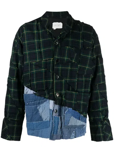 Greg Lauren Mens Green Plaid Checked Contrast-hem Cotton Shirt
