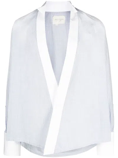 Greg Lauren Pinstripe-print Collarless Shirt In Blue