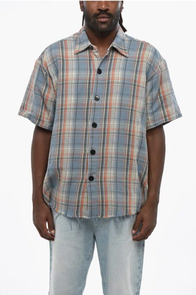 Greg Lauren Plaid Motif Short Sleeved Shirt With Raw Cut Edge In Blue