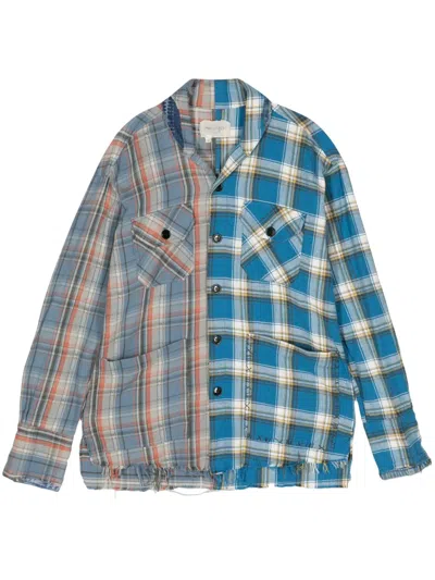 Greg Lauren Blue Boxy Shirt In Mixed Plaid