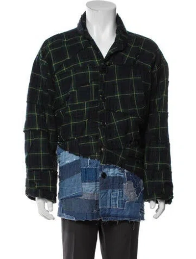 Pre-owned Greg Lauren Plaid Print Denim Jacket W/ Tags In Blue/green