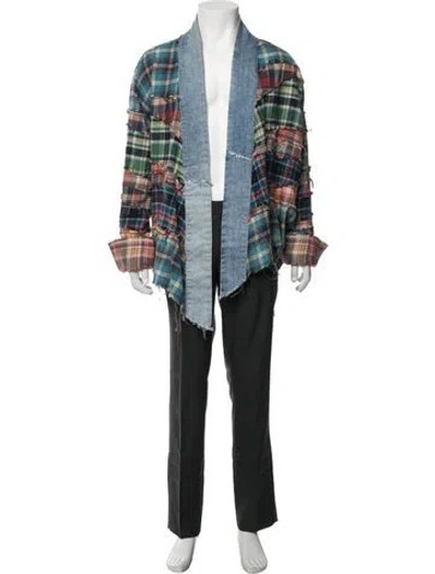 Pre-owned Greg Lauren Plaid Print Open Front Cardigan In Blue